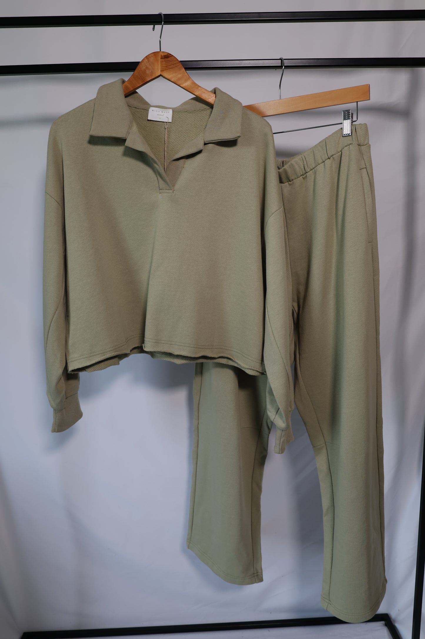 Miou Muse - Sage Collared V-neck Pull-over Sweatshirt