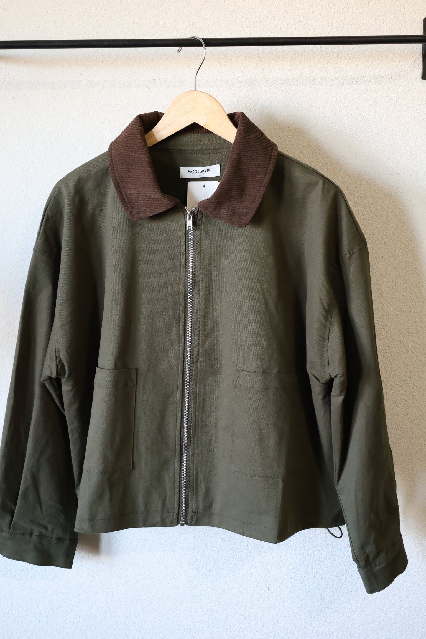 BUTTERMELON - Collared Zip-Up Drawstring Jacket