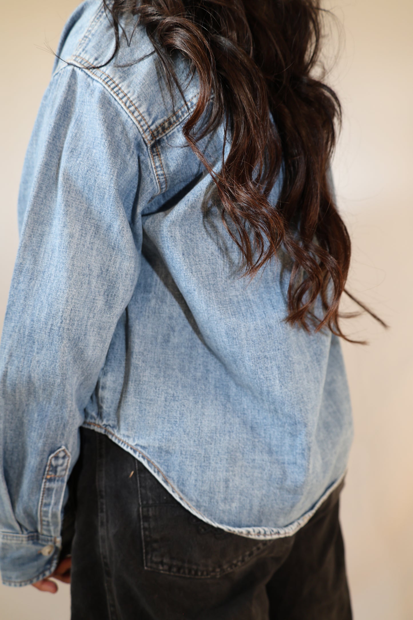 Missed Your Call washed denim button down shirt