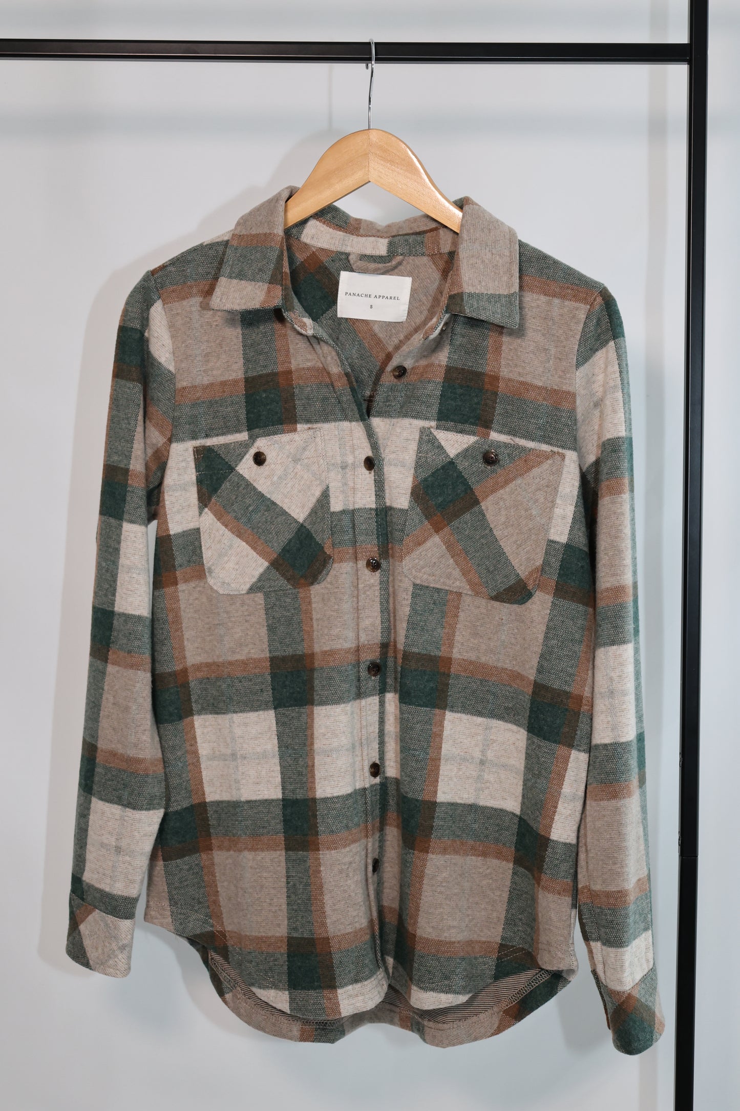 Panache Apparel Co. - Tan, Dk. Green & Rust Plaid Button Up