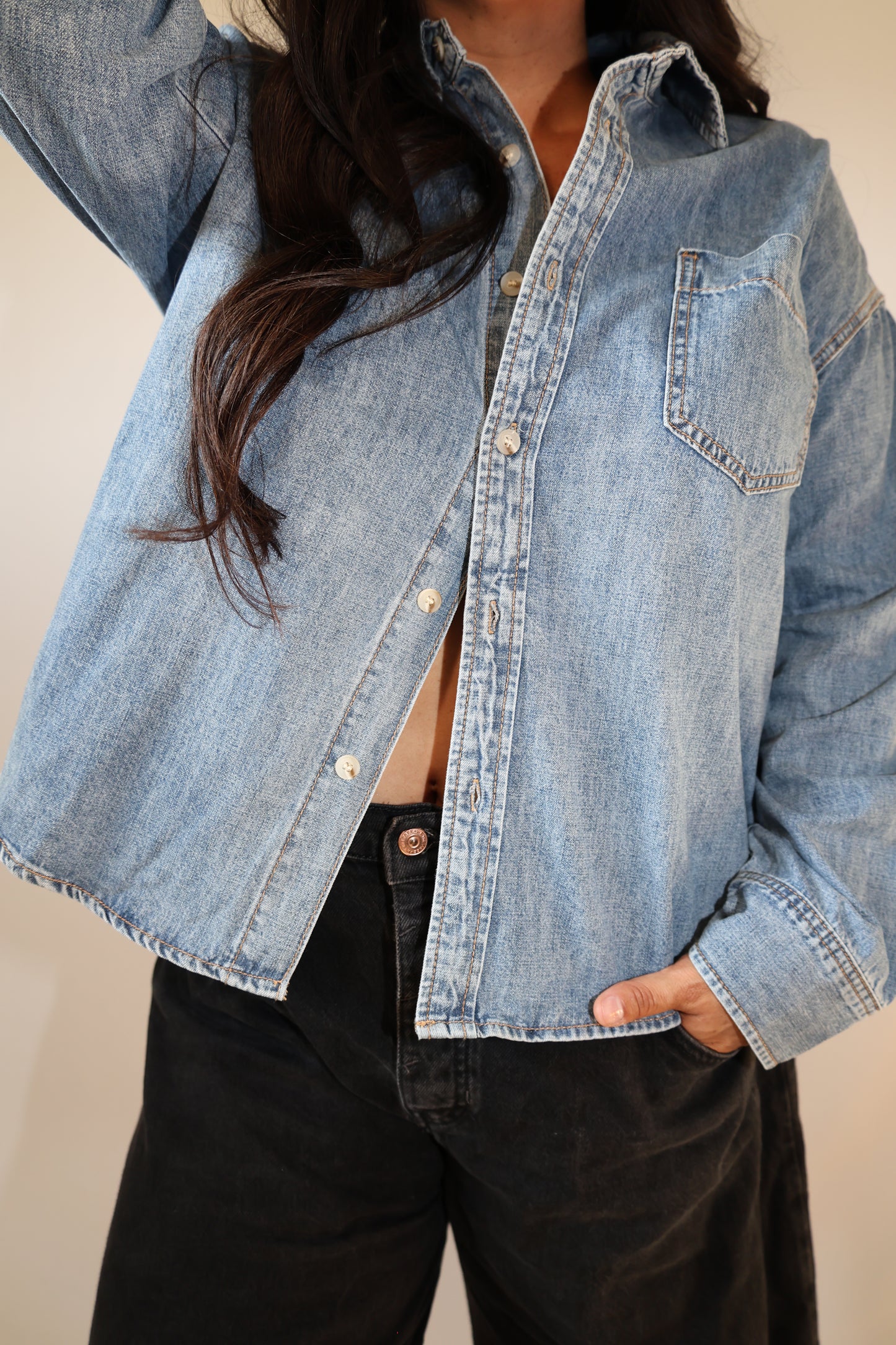 Missed Your Call washed denim button down shirt