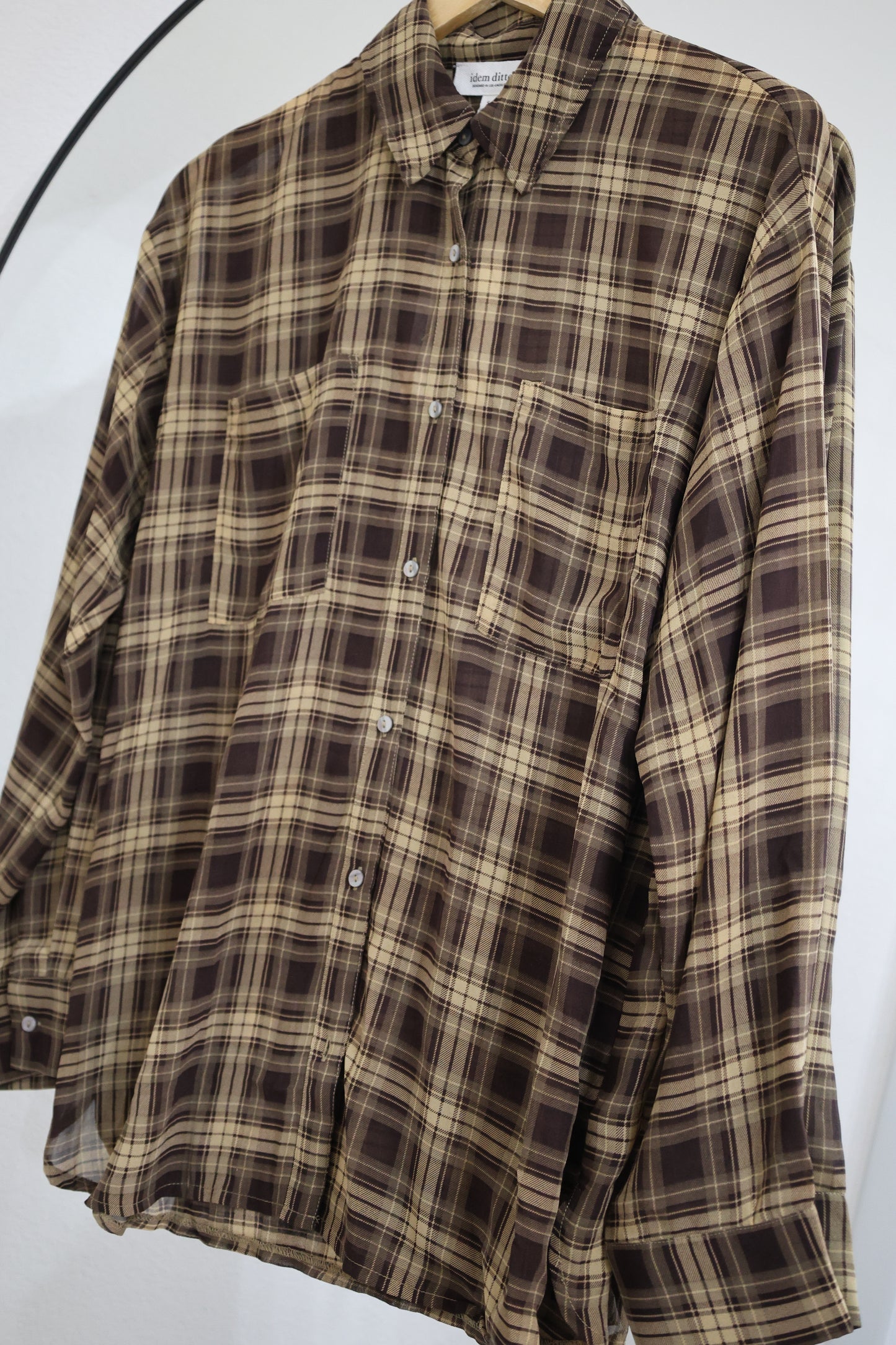 idem ditto - EDGY TRANSPARENT SHEER PLAID CHIFFON BUTTON-DOWN SHIRT