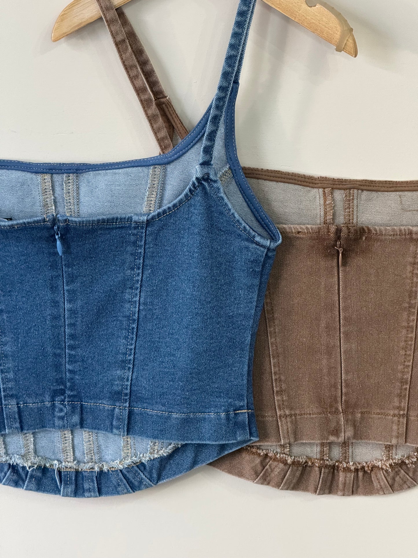 Timing - Corset Stitch Spaghetti-strap Denim Top w/ Zipper