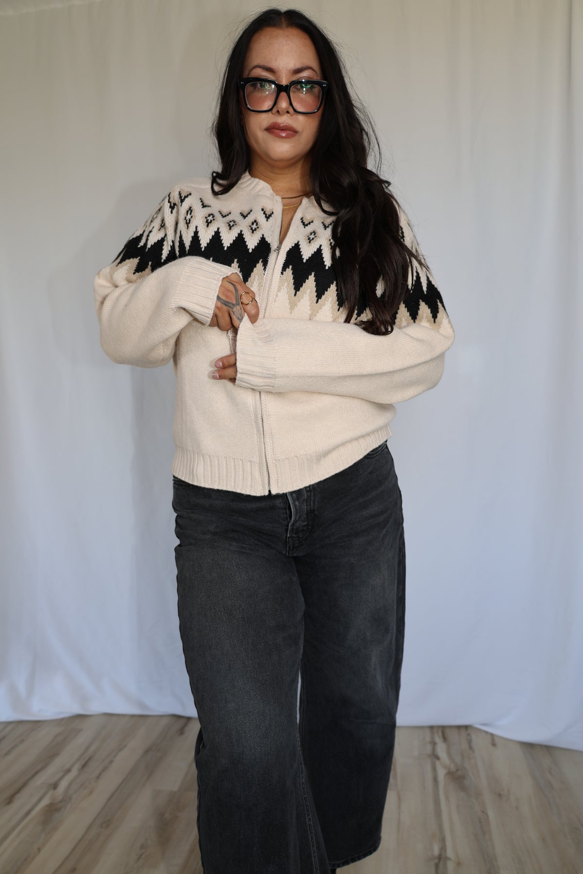 Let's Stay In Fair Isle Zip Front Cardigan Sweater