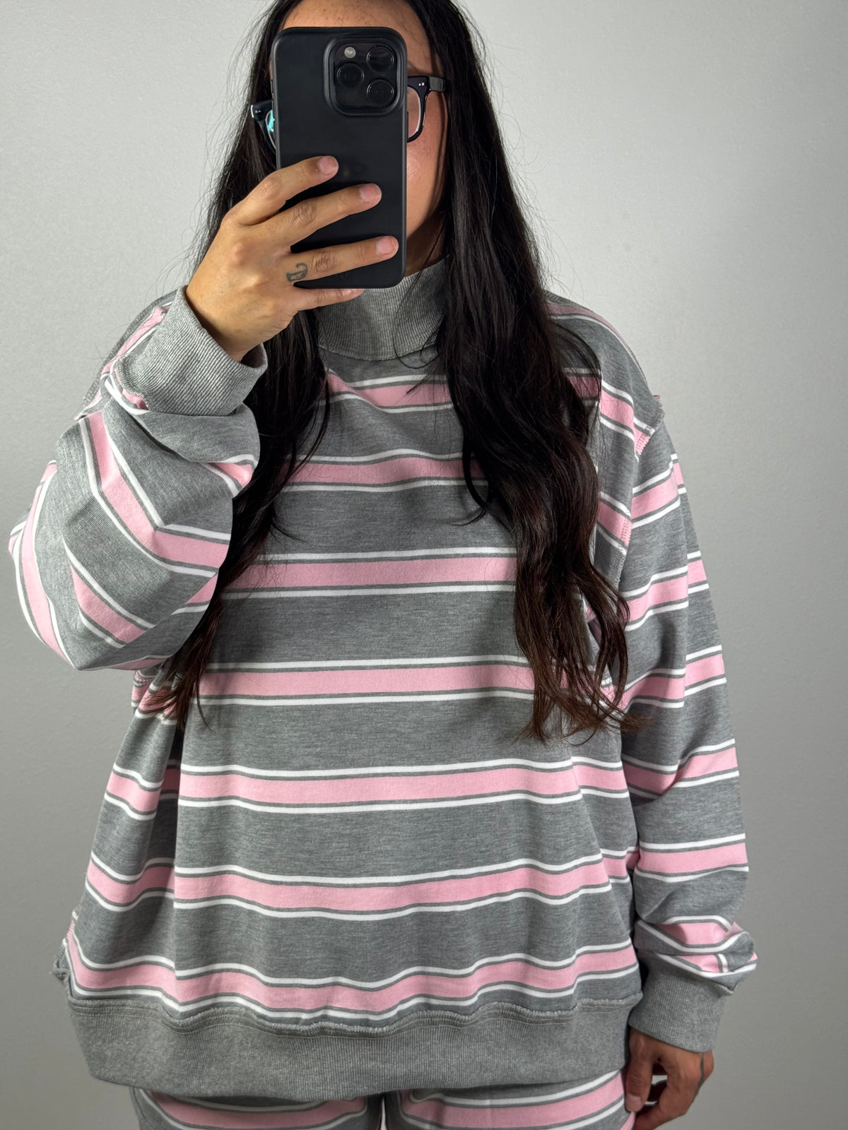 What's Your Sign stripe oversized mock neck sweatshirt