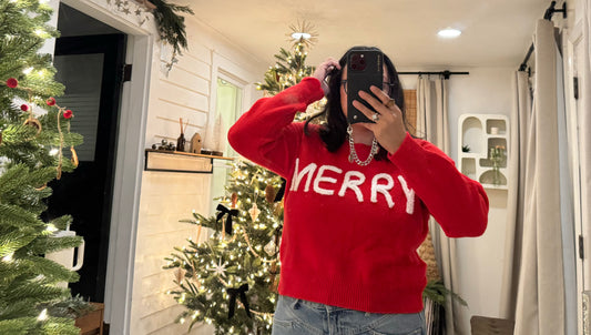 Merry fuzzy font soft red sweater