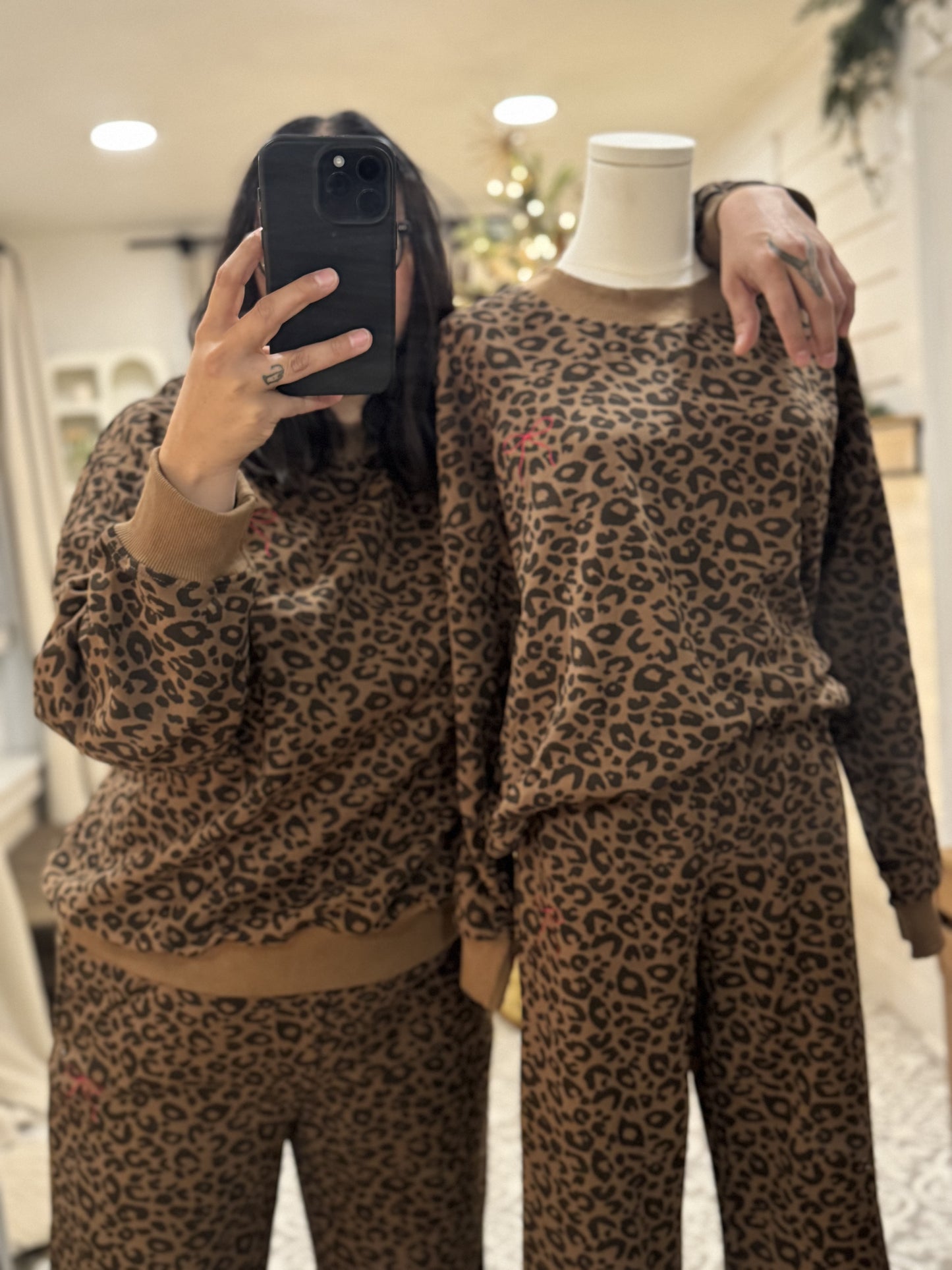 Leopard red bow sweatpant lounge set