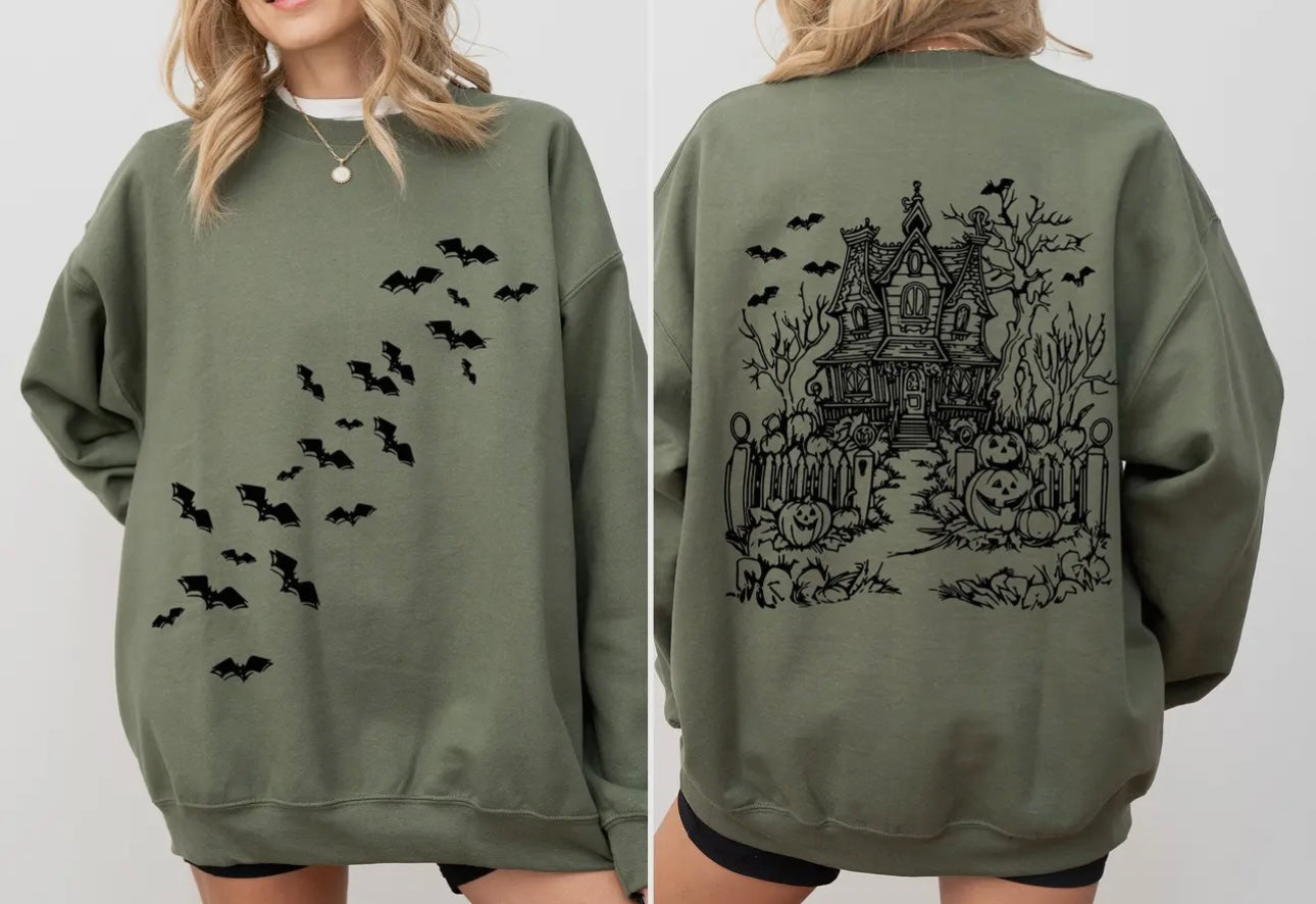 Haunted house bats 🦇 crewneck graphic sweatshirt