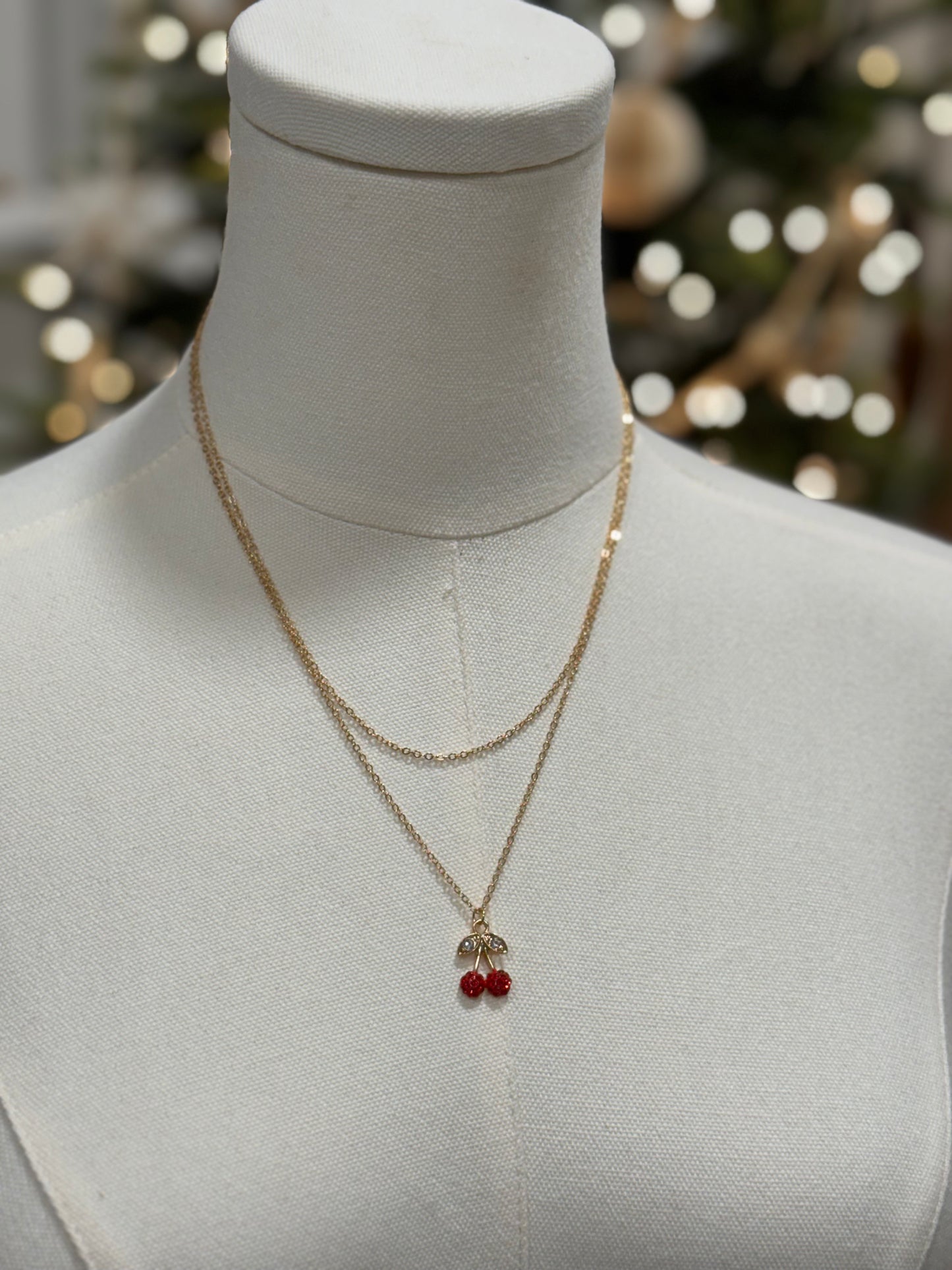 Double layer sparkle cherry necklace