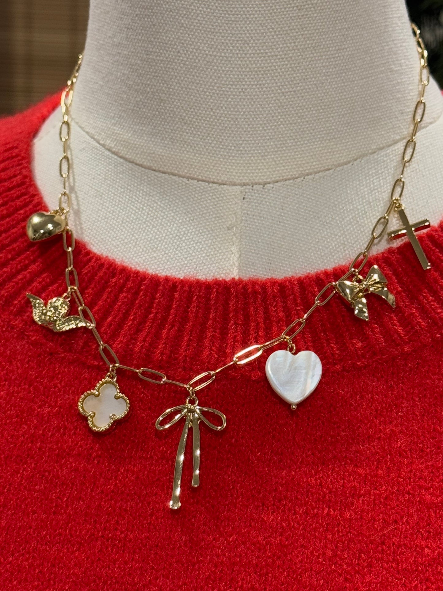 Bow heart cross angel charm necklace