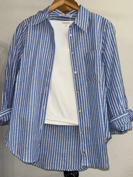 Urban Daizy - Coastal Striped Linen-Blend Button Down Shirt