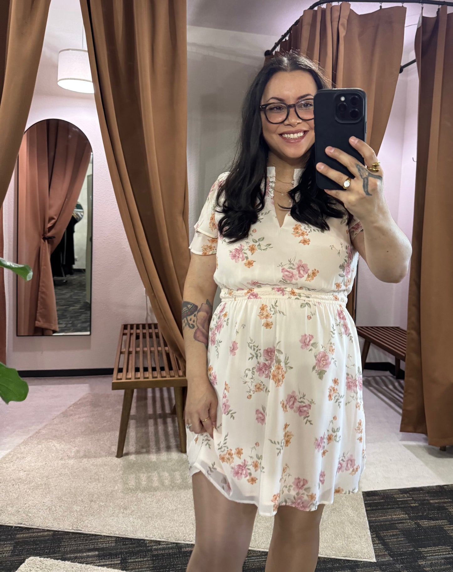 Lovestitch - Floral Smocked Yoke Flutter Sleeve Mini Dress