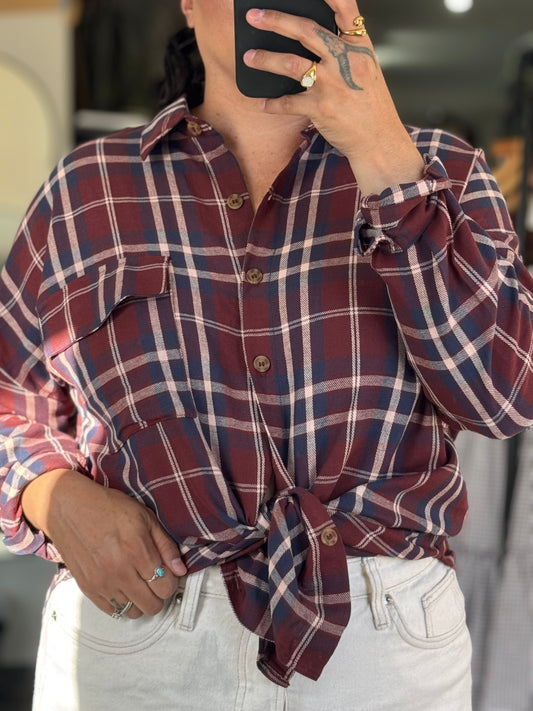 Blu Pepper Plaid Button Down Pocket Detail Long Sleeve Shirt