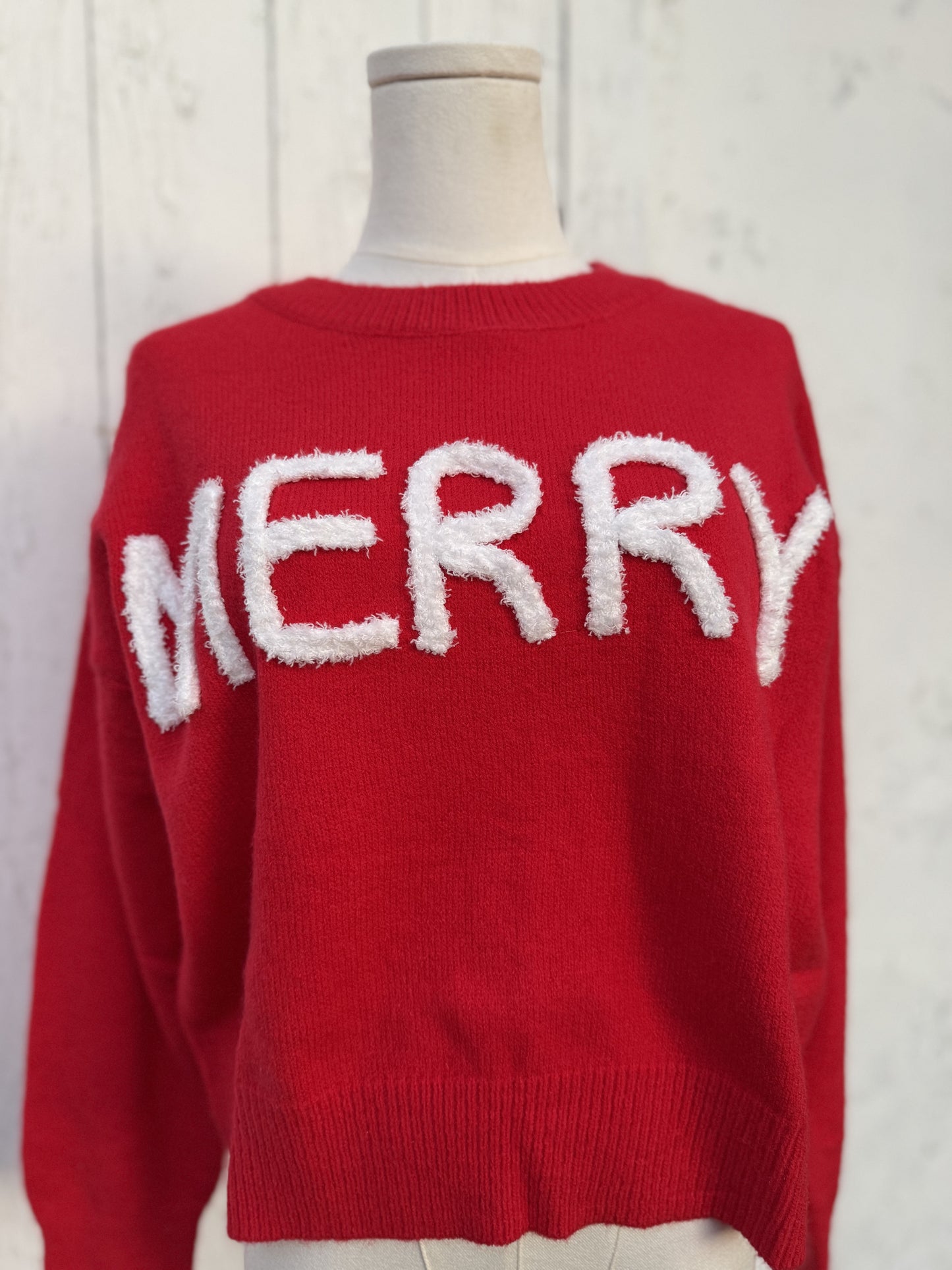 Merry fuzzy font soft red sweater