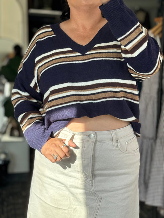 Blu Pepper Multicolor Stripe V-Neck Long Sleeve Knit Sweater