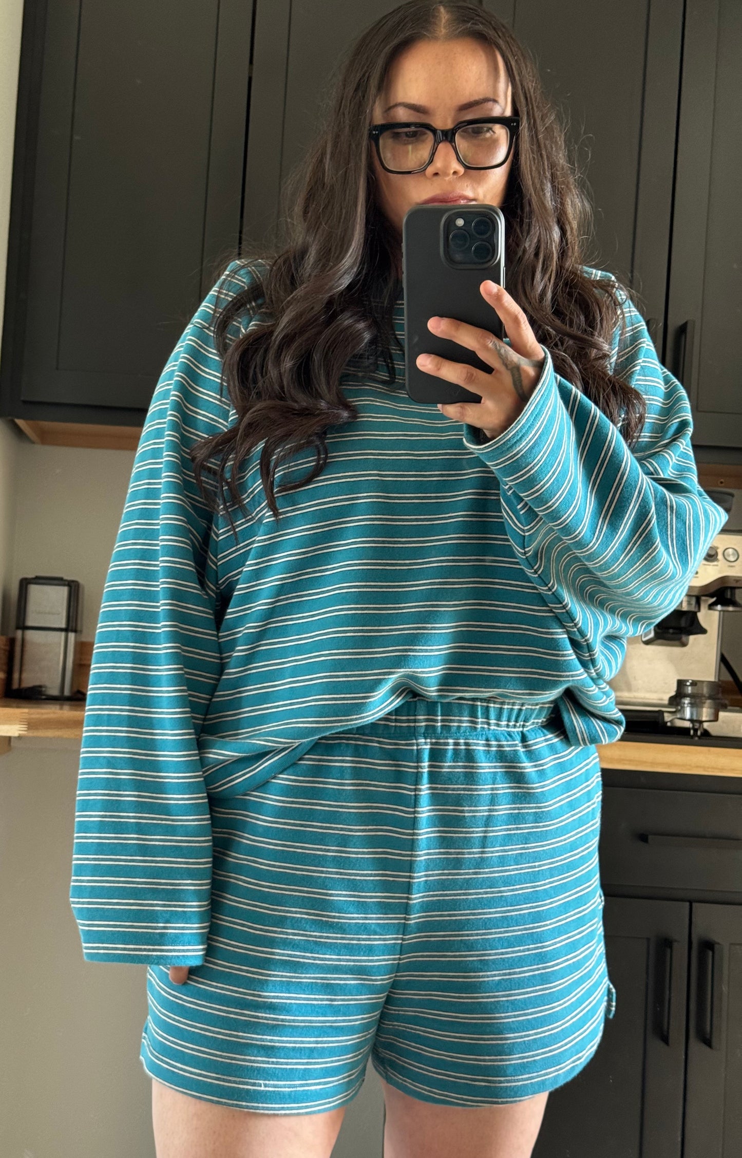 Things Between - Teal/Cream Striped Oversized Crewneck Sweater