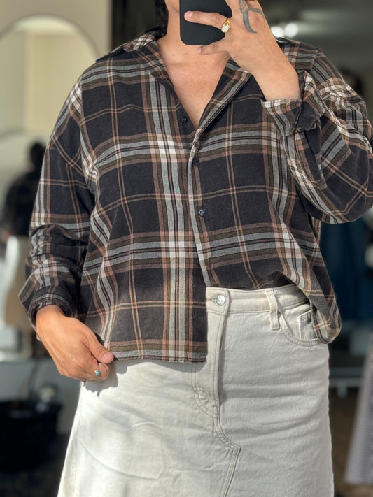 Blu Pepper Plaid Button Down Collard Boxy Long Sleeve Shirt