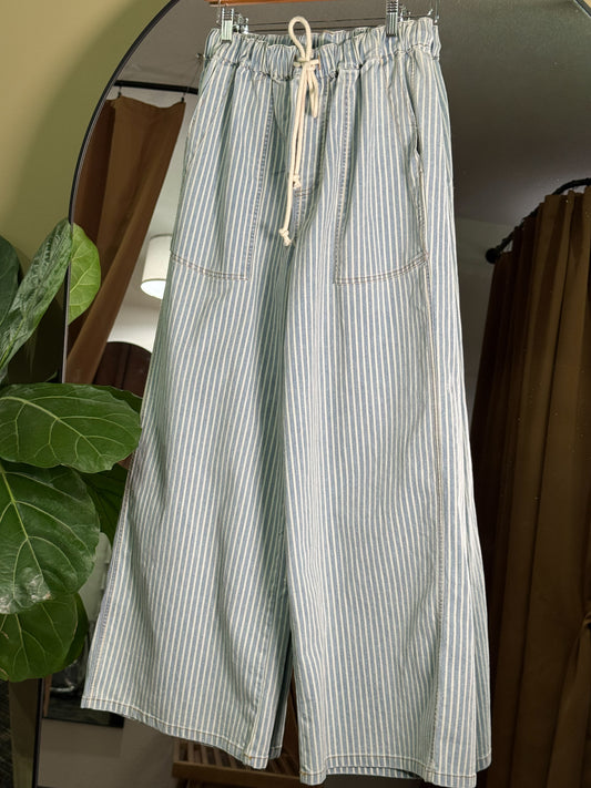mittoshop - STRIPED DRAWSTRING ELASTIC WAIST WIDE LEG PANTS