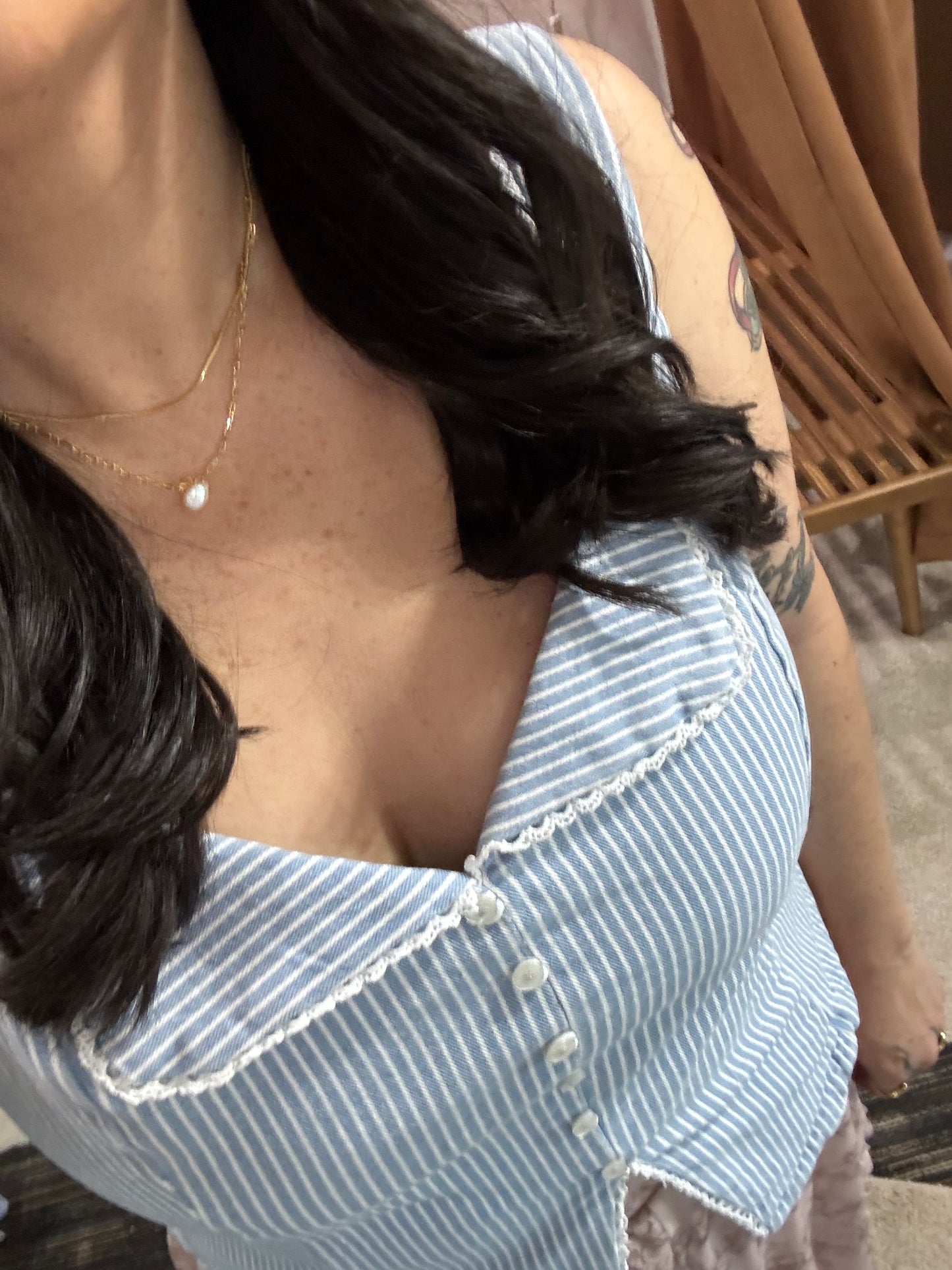 SKIES ARE BLUE light wash denim vest with lace trim