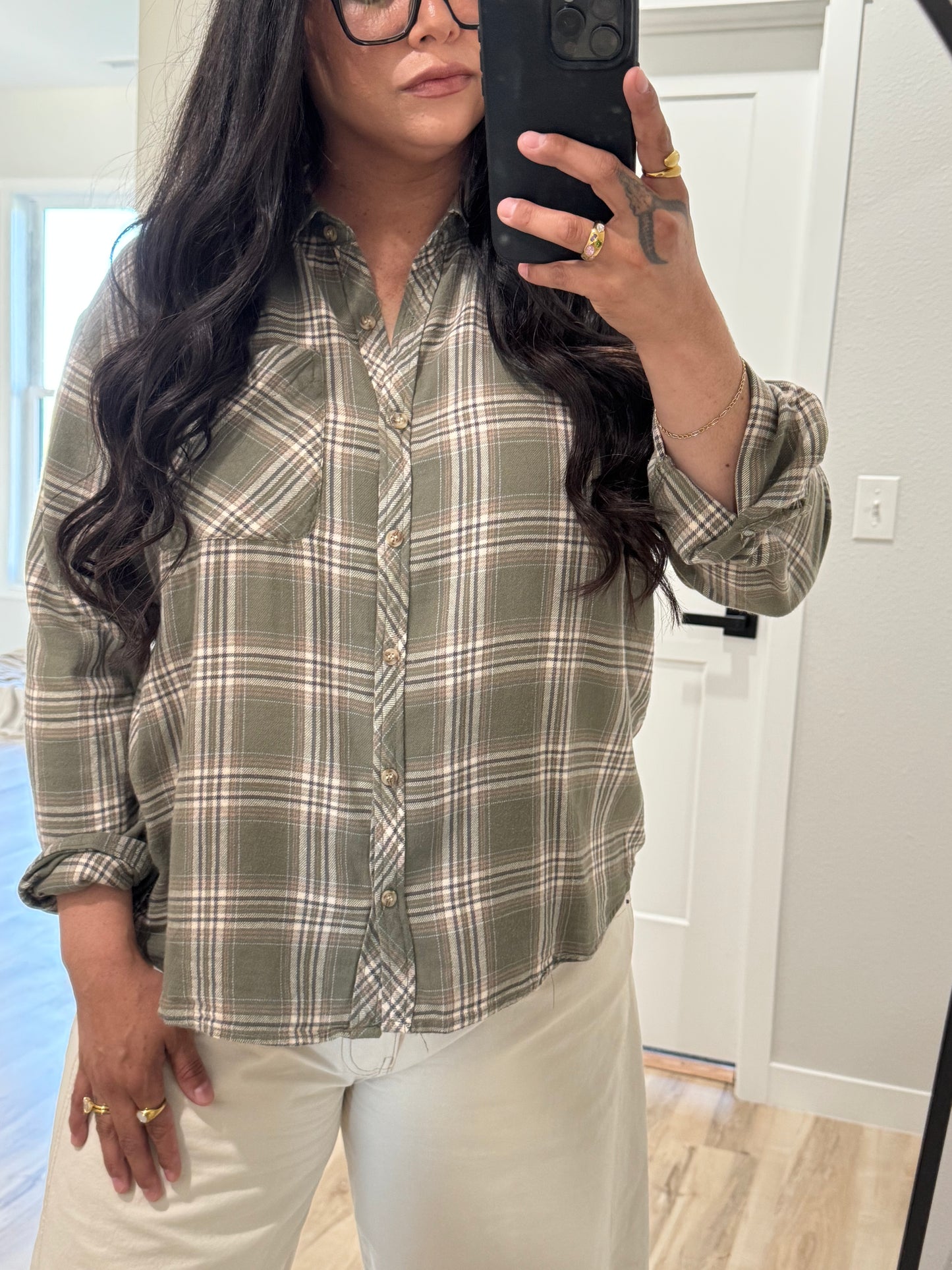 Be Cool - OLIVE PLAID FLANNEL SHIRT