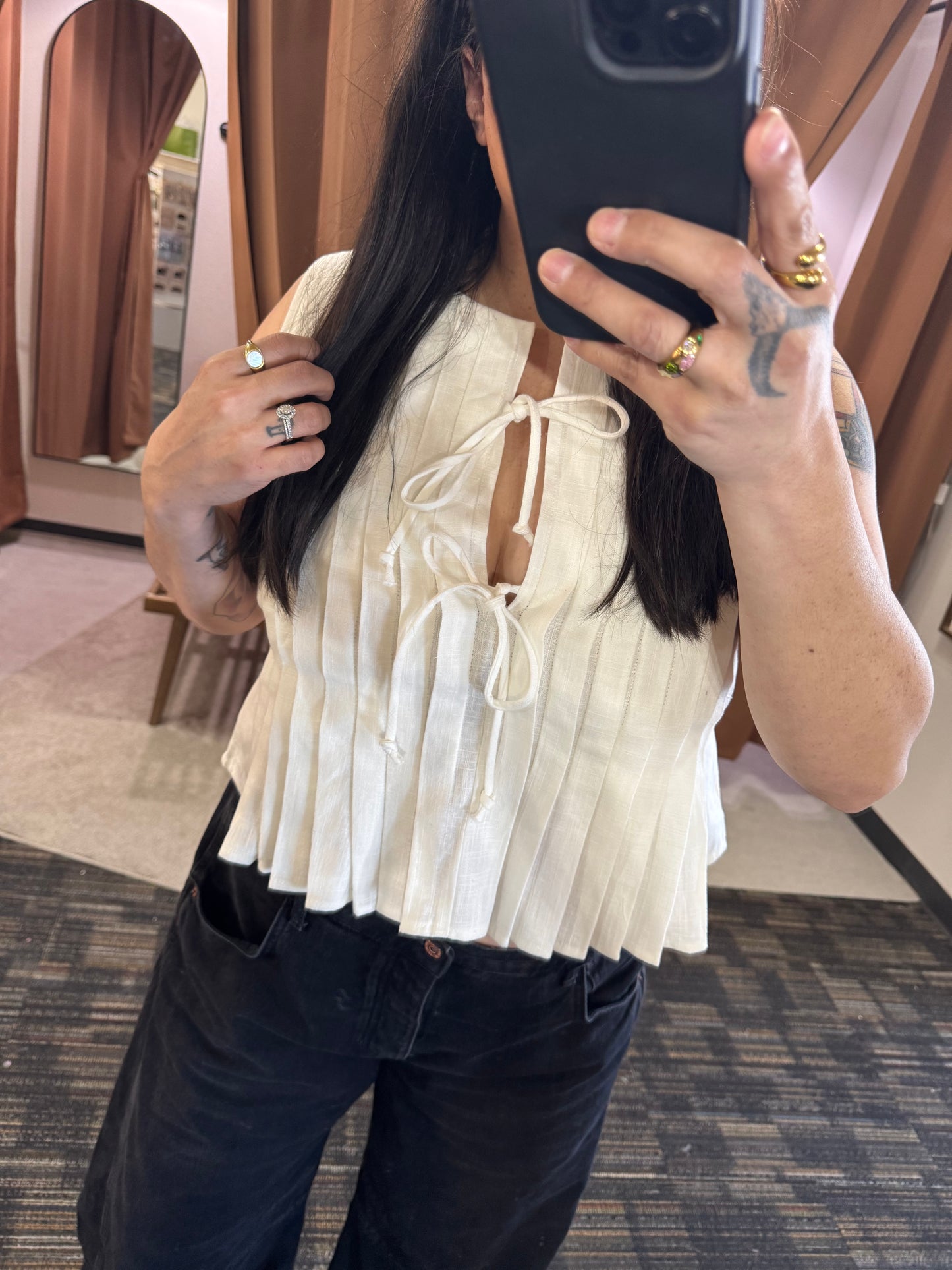 Miou Muse - White Linen Pleated Tie-front Tank