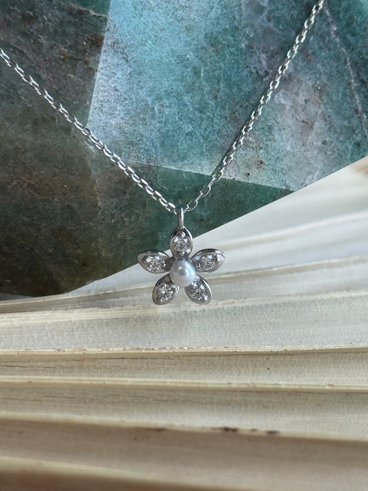 Fame Accessories - Gold Dipped Pearl And Cz Flower Pendant Necklace