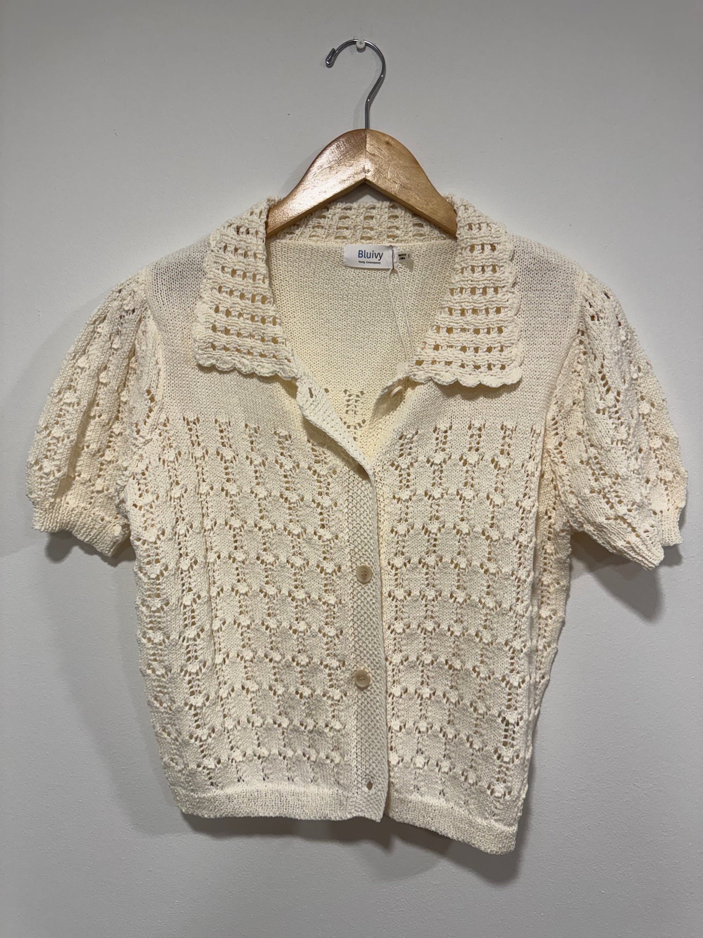Bluivy - Short Sleeve Open Knit Button-up Cardigan