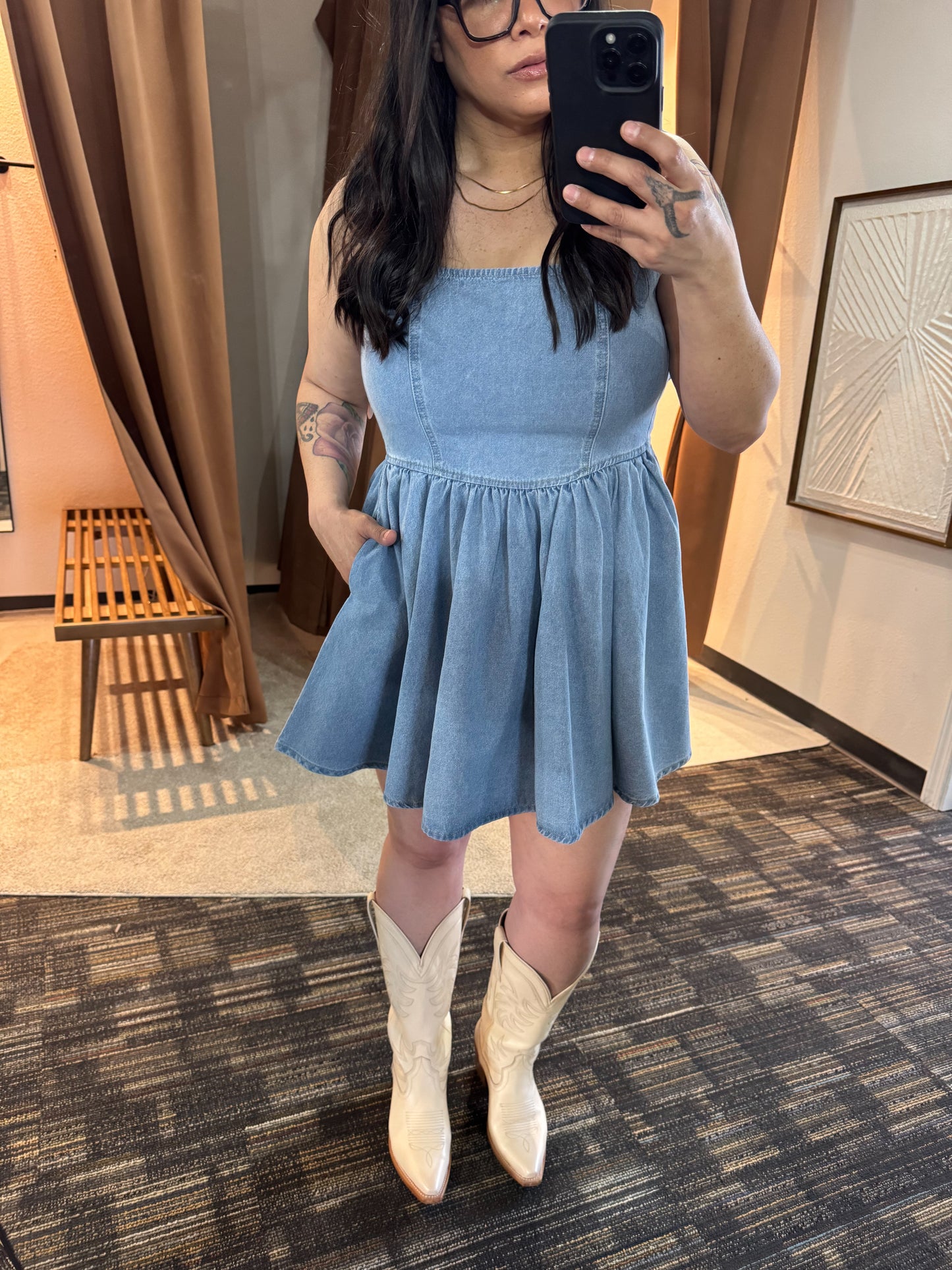 Hyfve - Square-neck Denim Mini Dress w/ Pockets