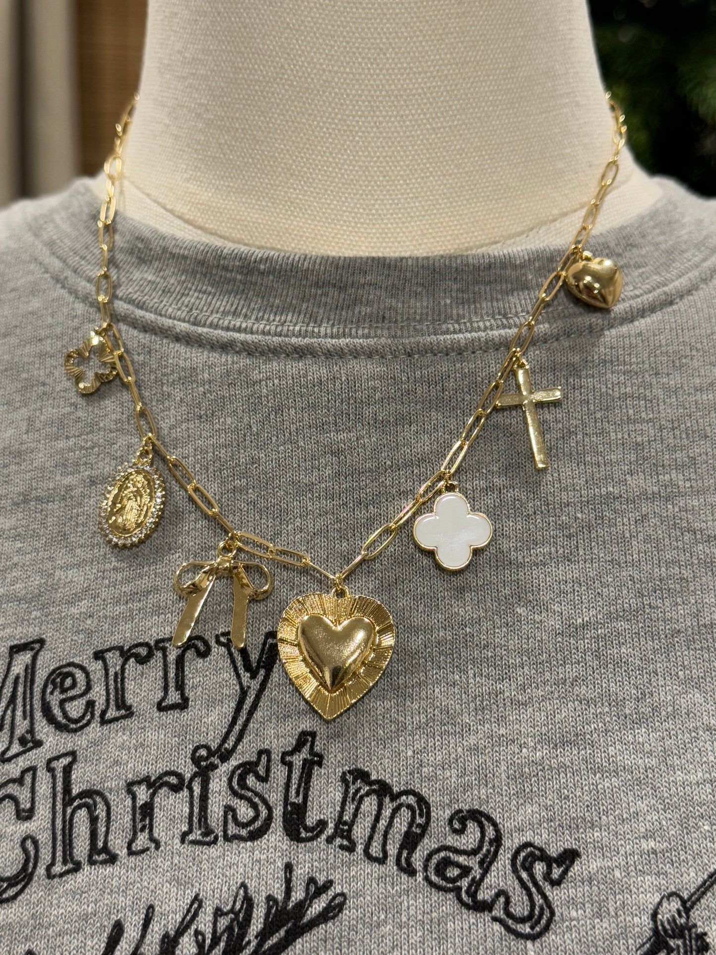 Cross heart Mary charm necklace