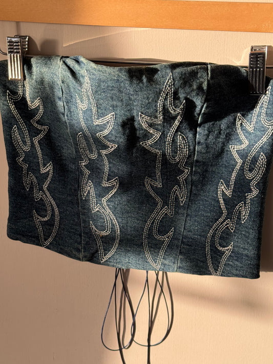 TicToc - Beckee Denim Embroidered Strapless Corset Top