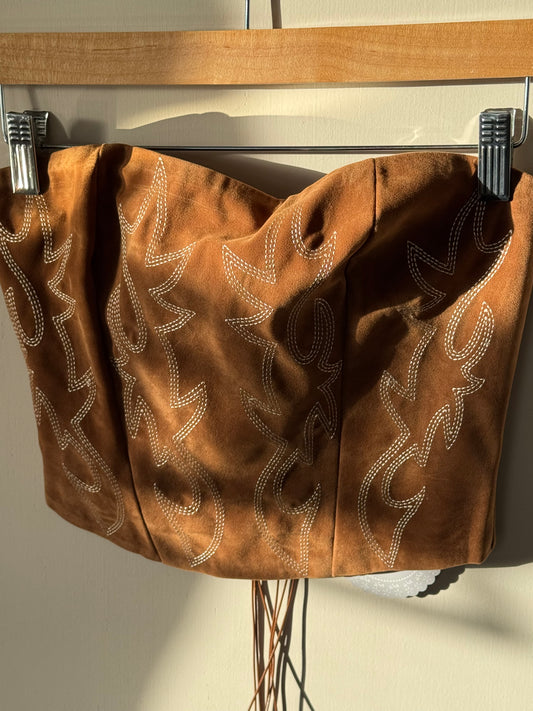 TicToc -Maple Faux Suede Embroidered Strapless Corset Top