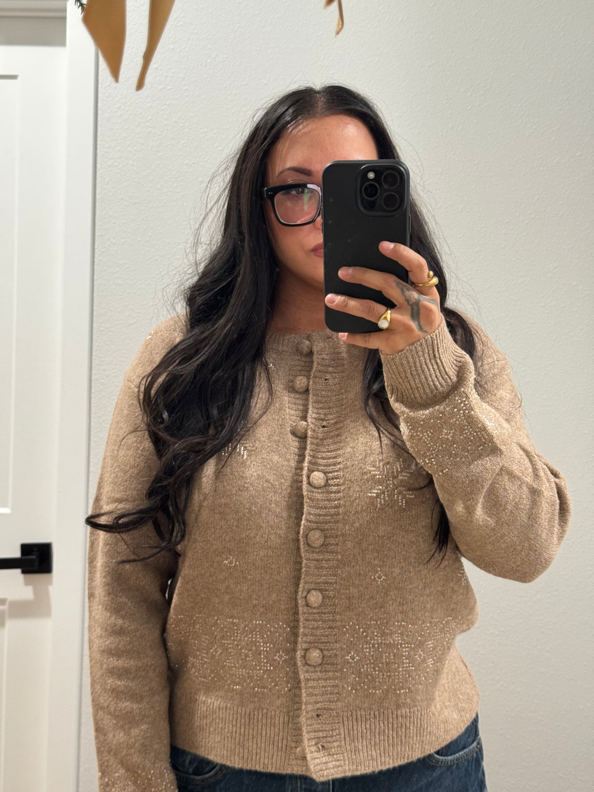 Best Time Of Year beaded snowflake button front cardigan