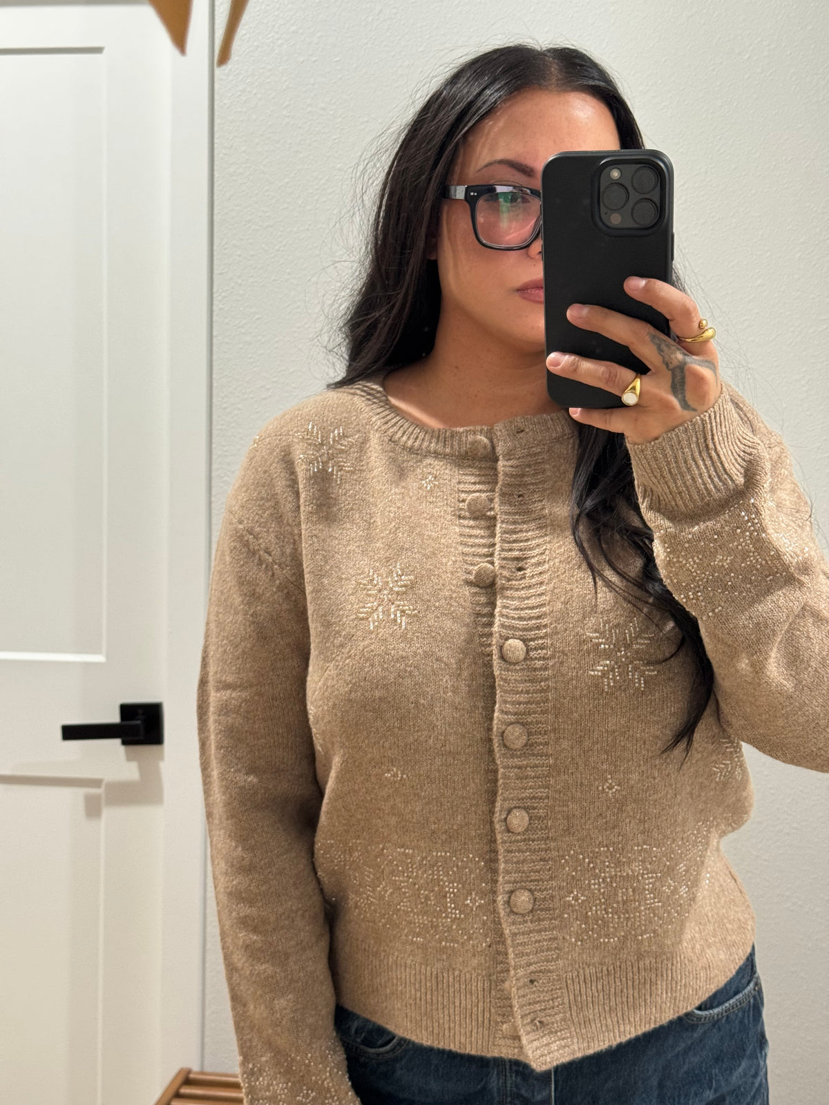 Best Time Of Year beaded snowflake button front cardigan