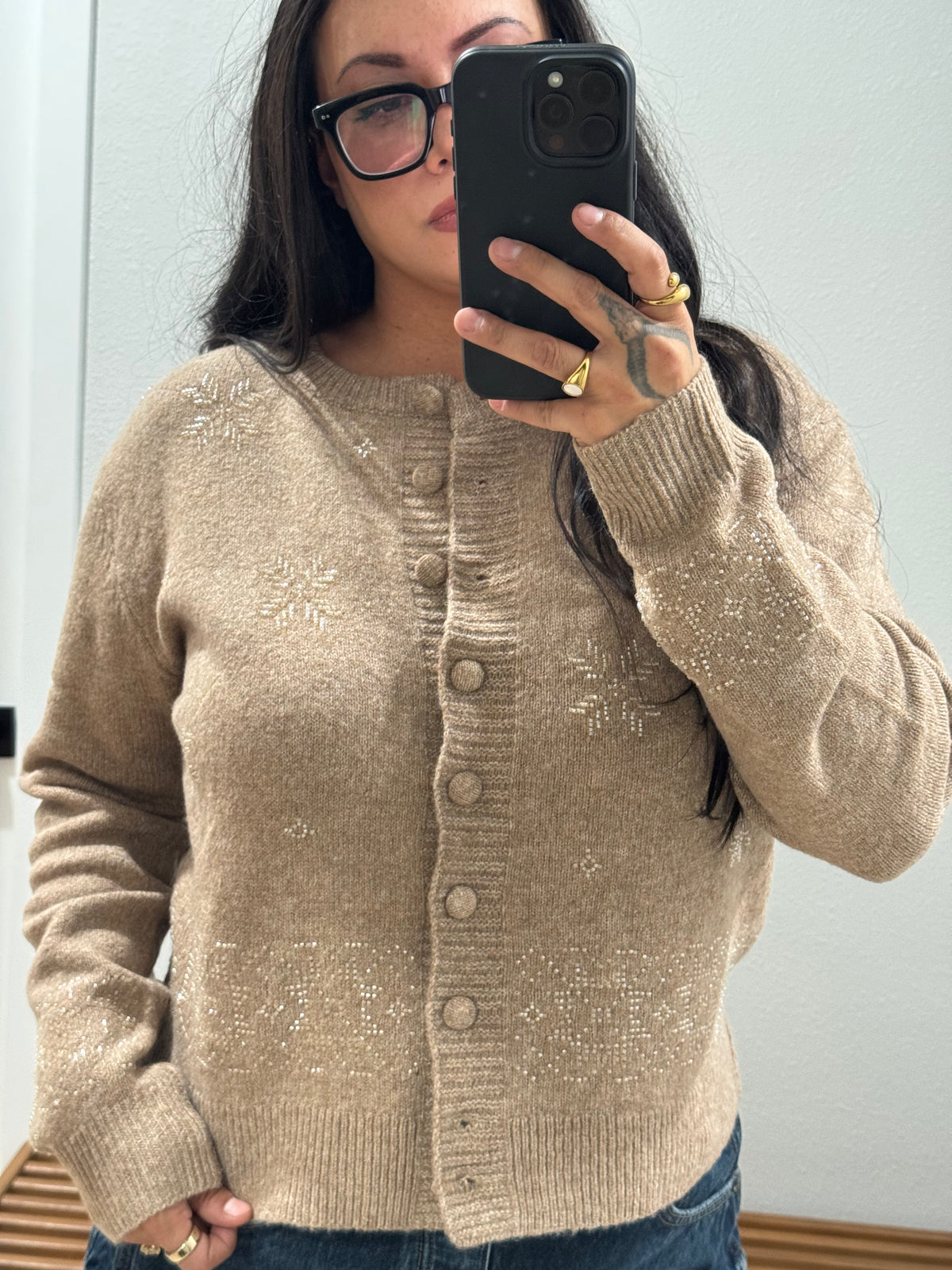 Best Time Of Year beaded snowflake button front cardigan