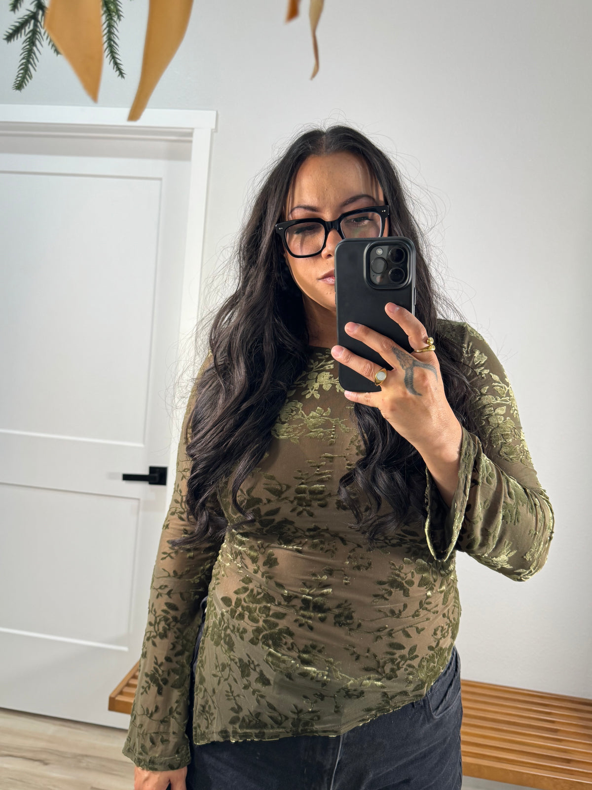 Pretty Little Lies long sleeve asymmetrical velvet mesh top