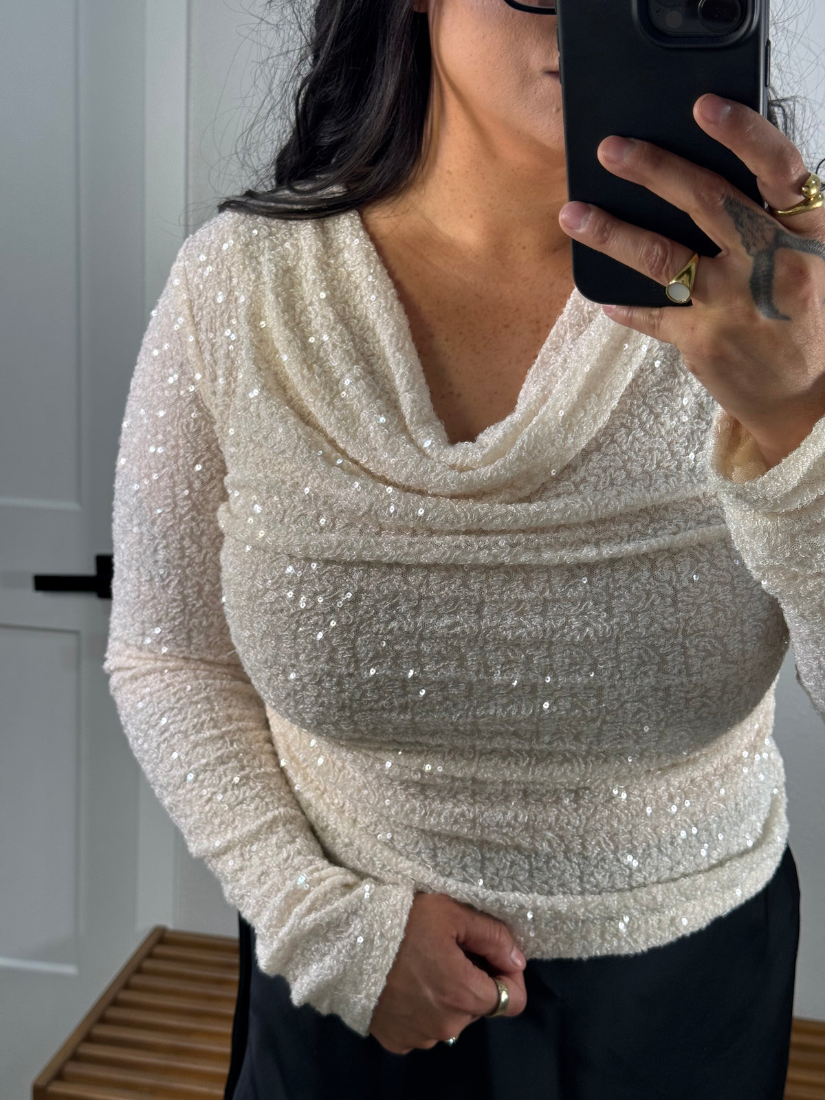 Set The Stage sparkly sequin cowl neck long sleeve