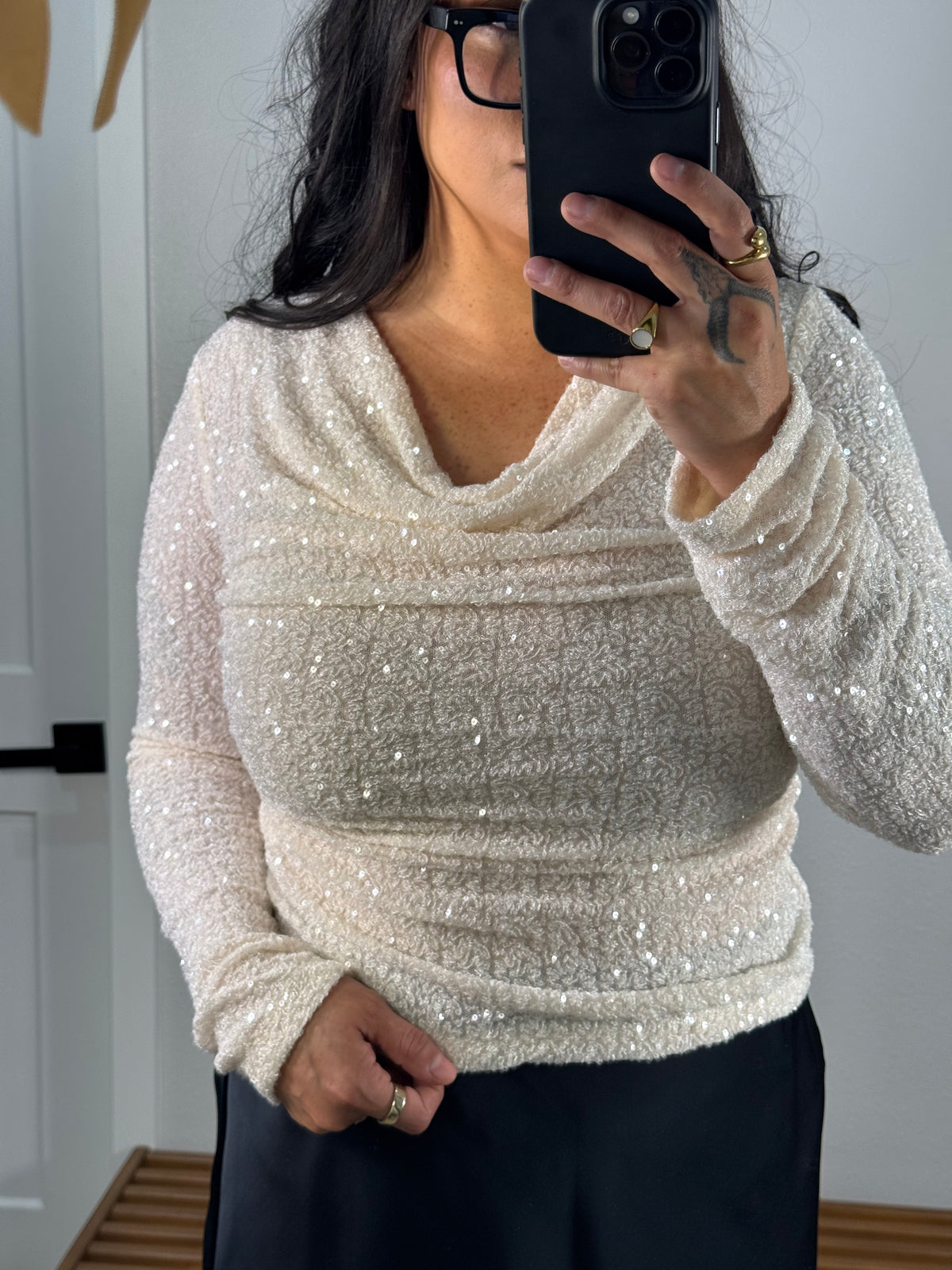 Set The Stage sparkly sequin cowl neck long sleeve