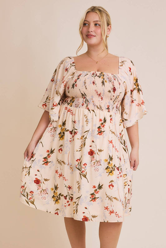 GILLI - PLUS SIZE SQUARE NECK LONG SLEEVE FLORAL PRINT SMOCKING DRESS