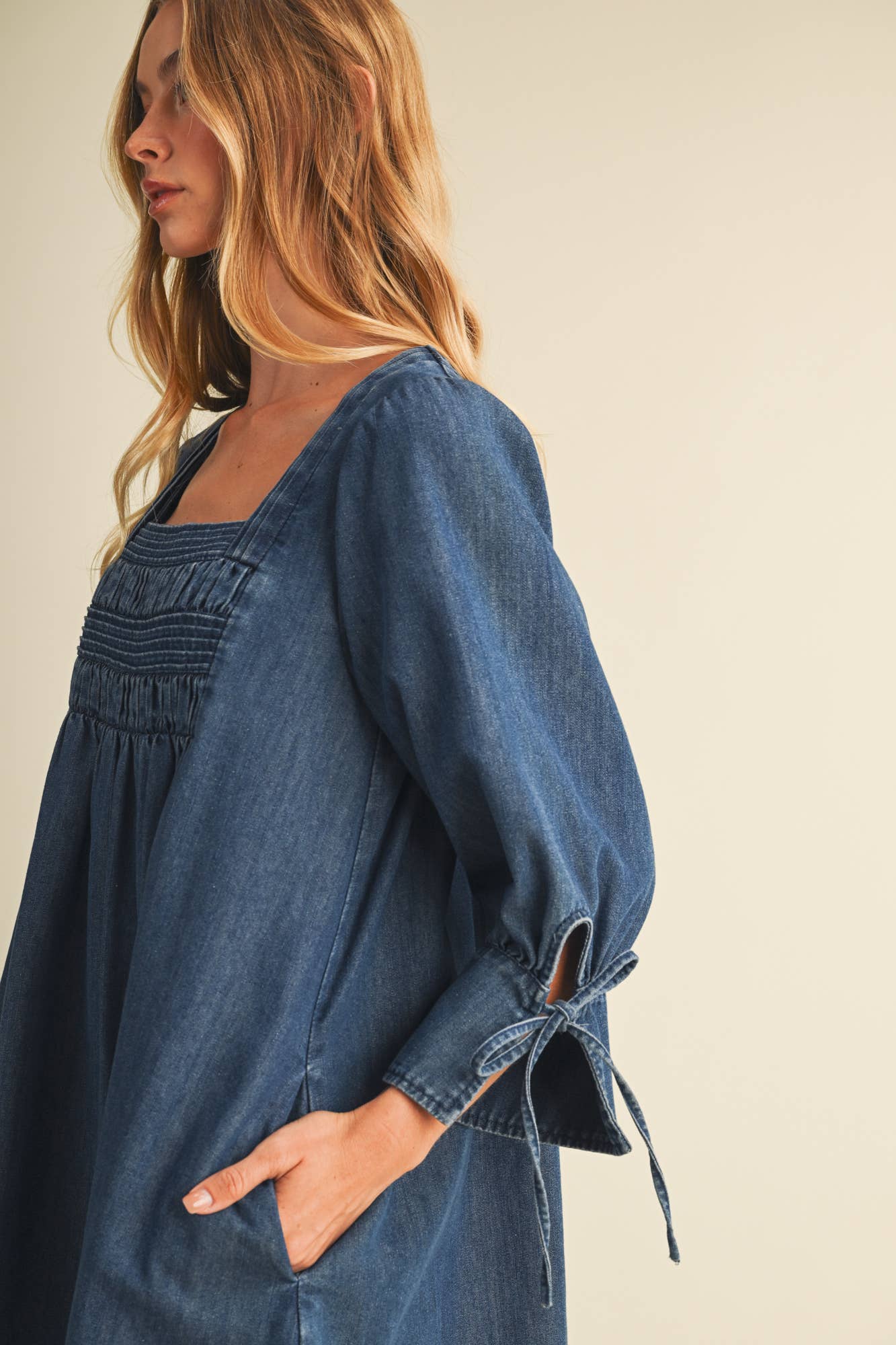 Mustard Seed - Square-Neck Smocked Denim Trapeze Dress