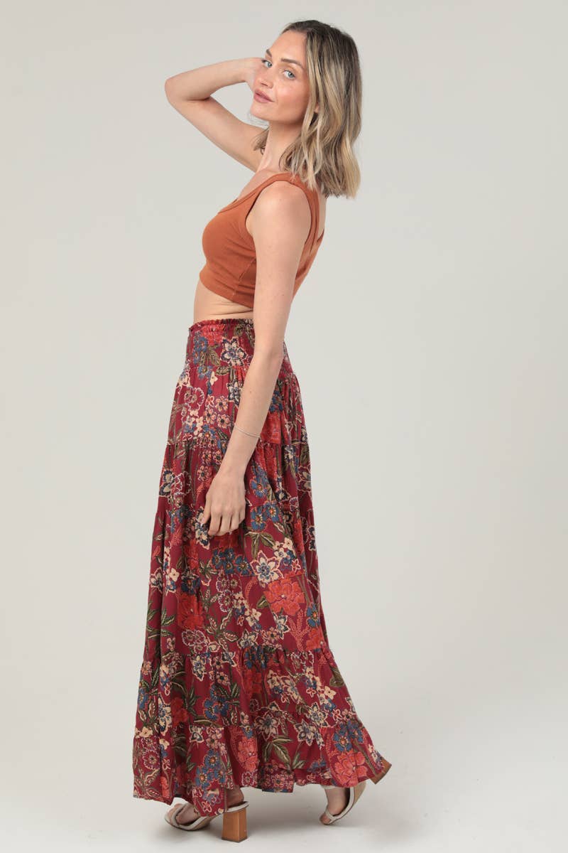 ANGIE -TIERED A LINE SMOCKED WAIST PRINTED MAXI SKIRT
