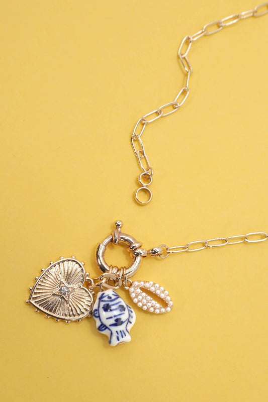 JOSSLYN by wall to wall - PORCELAIN TOILE FISH MULTI CHARM NECKLACE