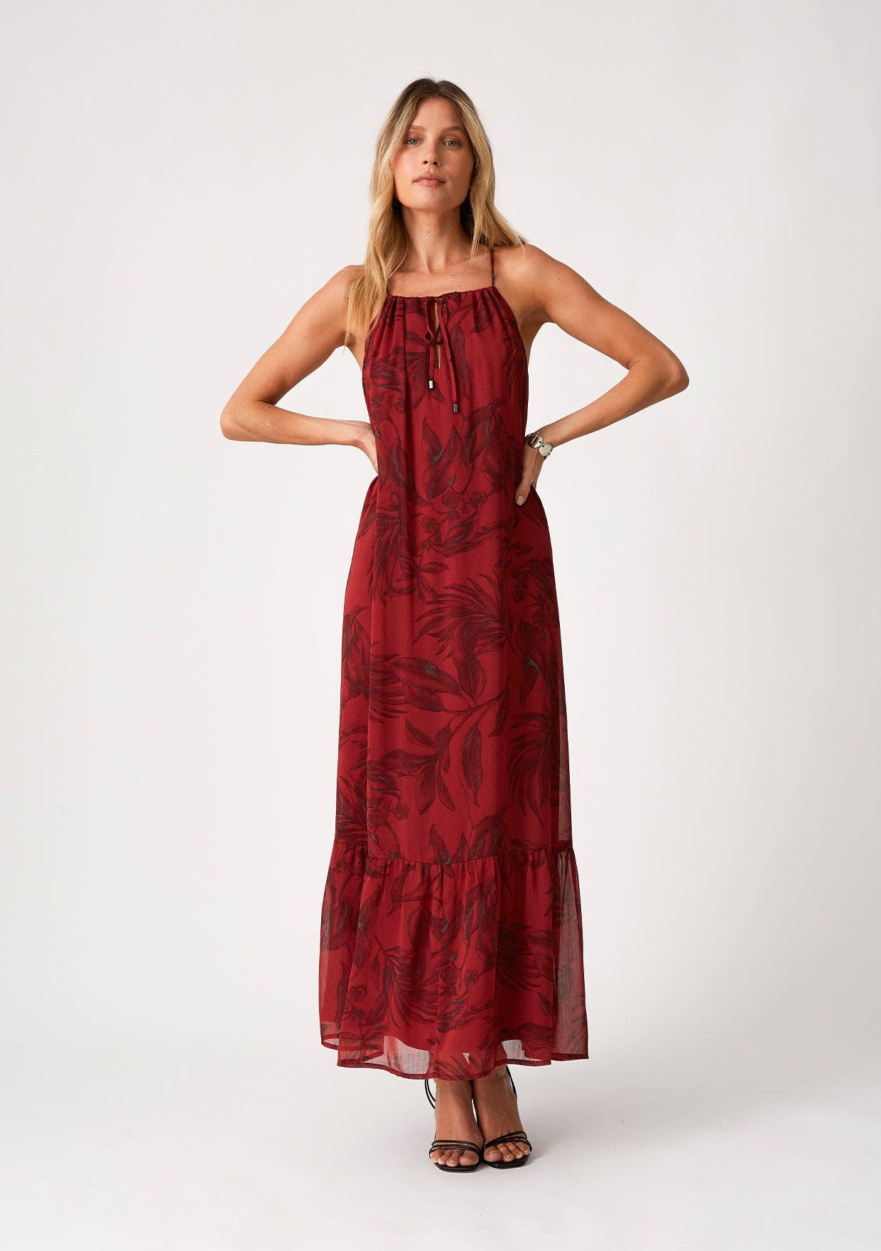 Lovestitch - Flowy Floral Tie Front Halter Maxi Dress