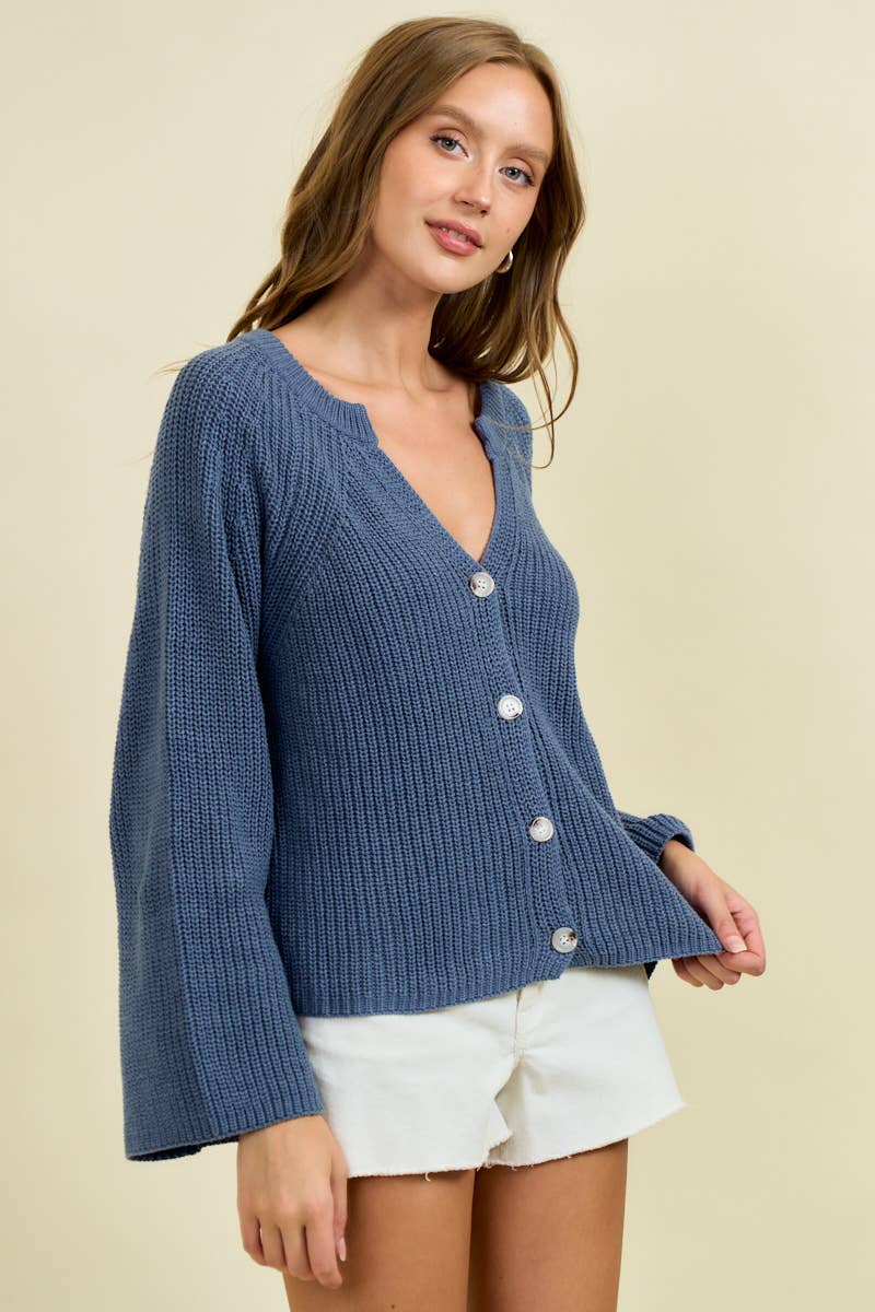 Doe and Rae - BLOUSON SLEEVE RBBED CARDIGAN W/ BUTTONS