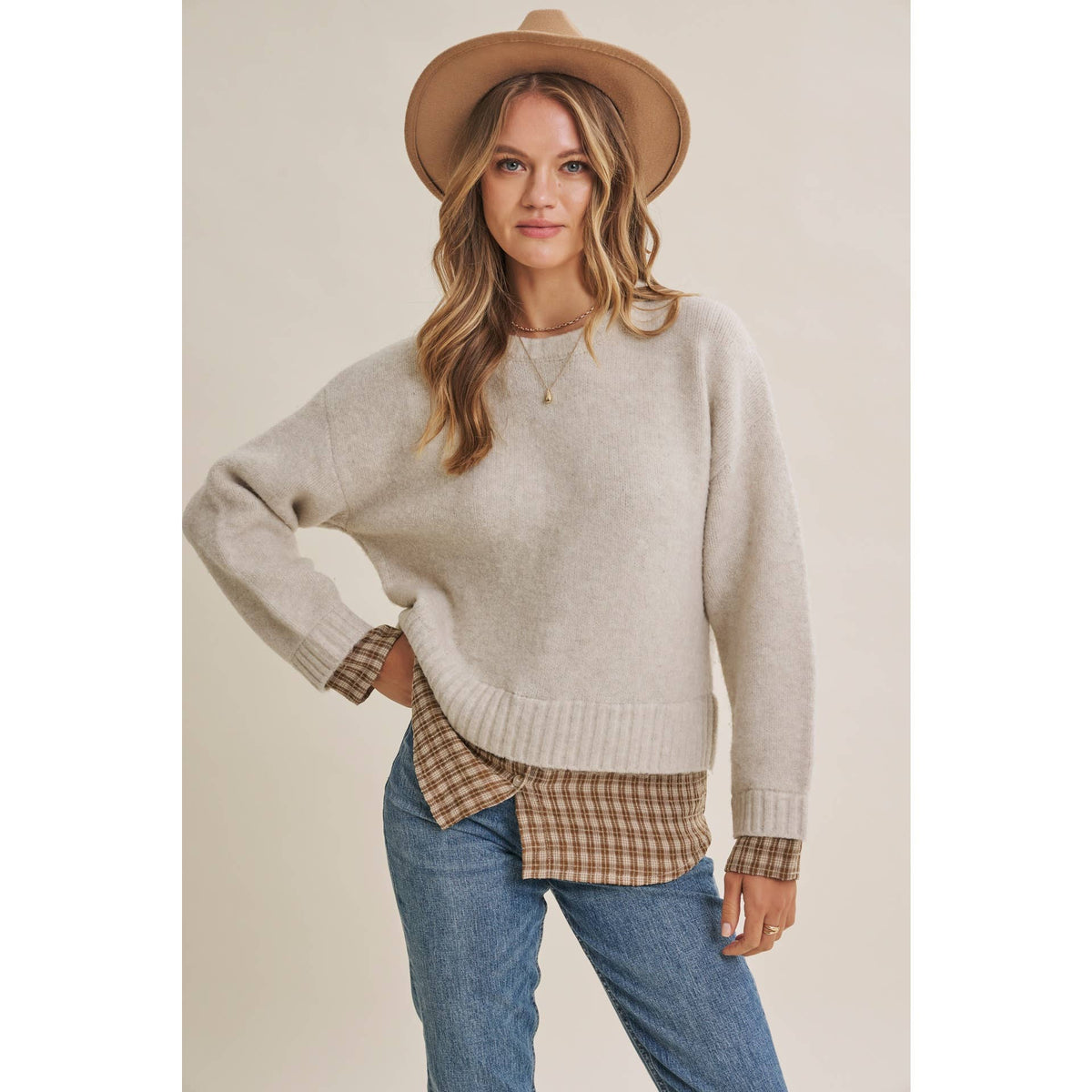 in february - COUNTRY ROAD LAYERED PLAID HEM TWOFER SWEATER TOP