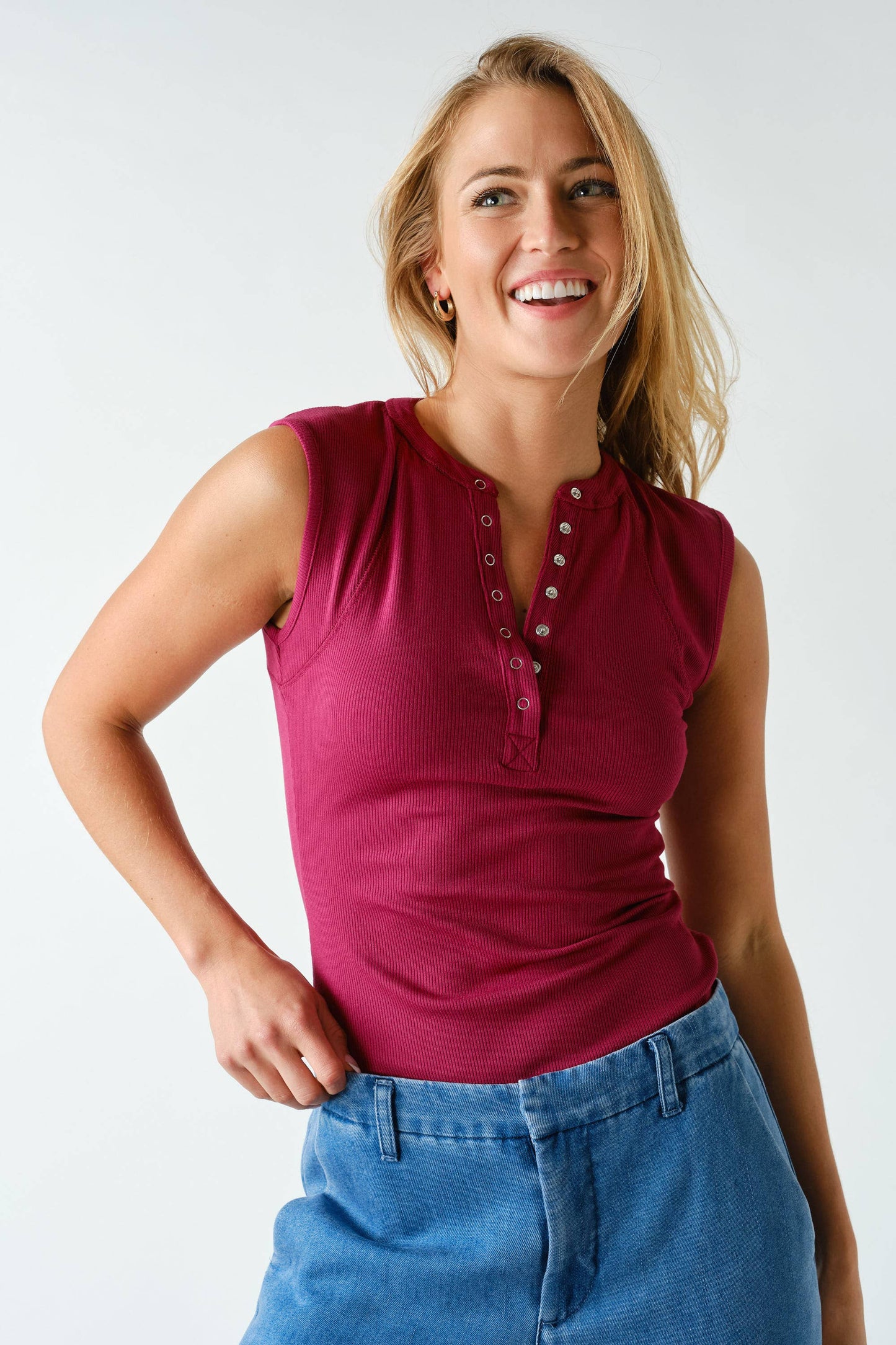 Mono B - Essential Micro-Ribbed Henley Tank Top