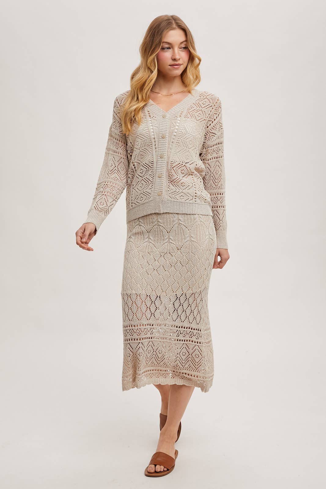 Bluivy - OPEN KNIT BUTTON DOWN V-NECK CARDIGAN