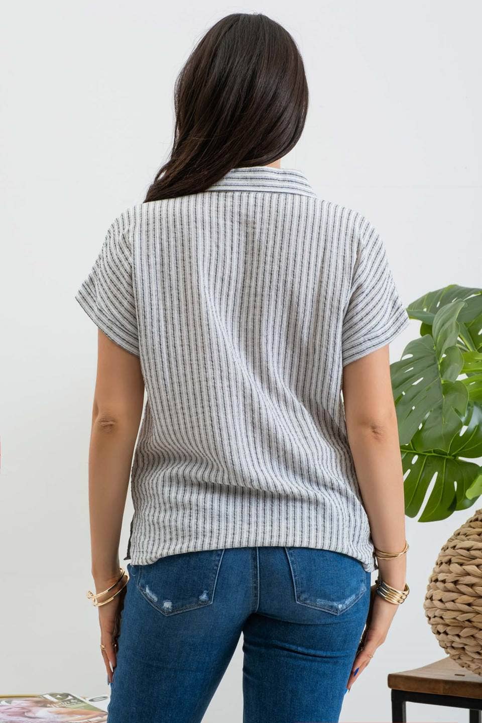 Blu Pepper - STRIPE COLLARED SHORT SLEEVE LINEN SHIRT