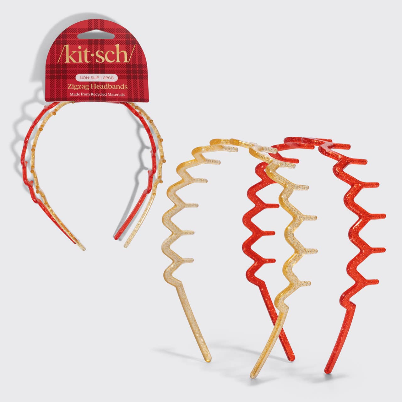 KITSCH - Recycled Plastic Zigzag Headbands 2pc Set - Gold & Red