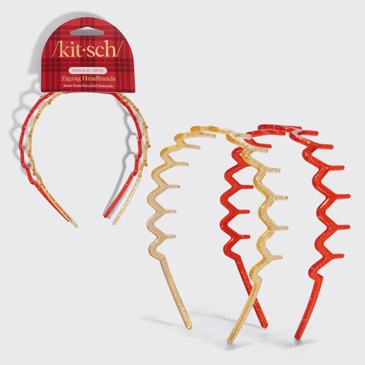 KITSCH - Recycled Plastic Zigzag Headbands 2pc Set - Gold & Red