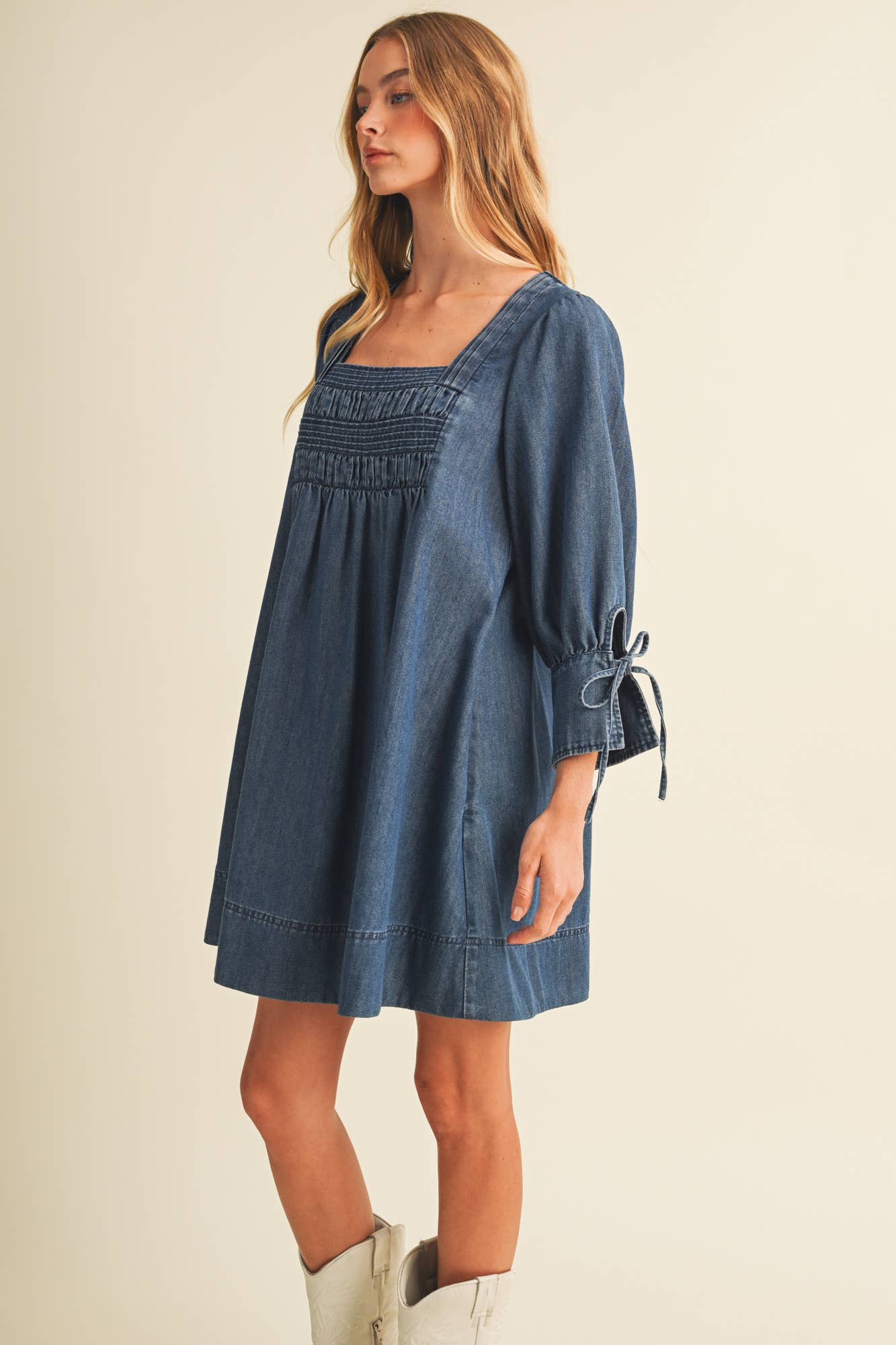 Mustard Seed - Square-Neck Smocked Denim Trapeze Dress